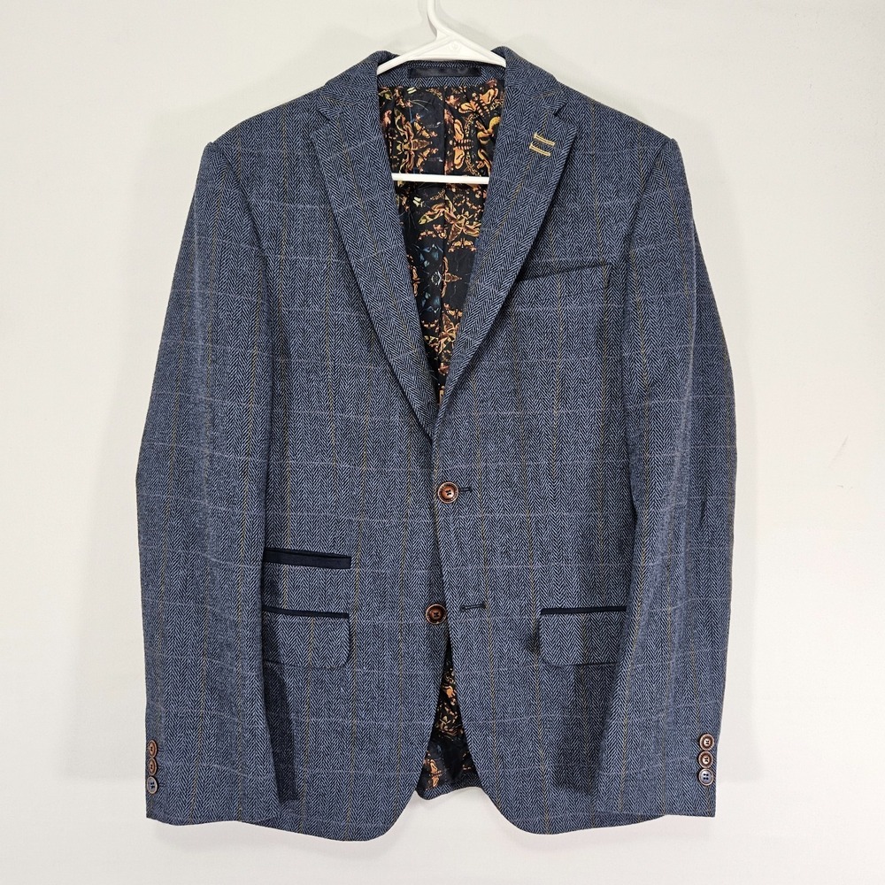 Men's Polyester Tweed Sport Coat Blazer Two Button Blue Plaid Size 36R